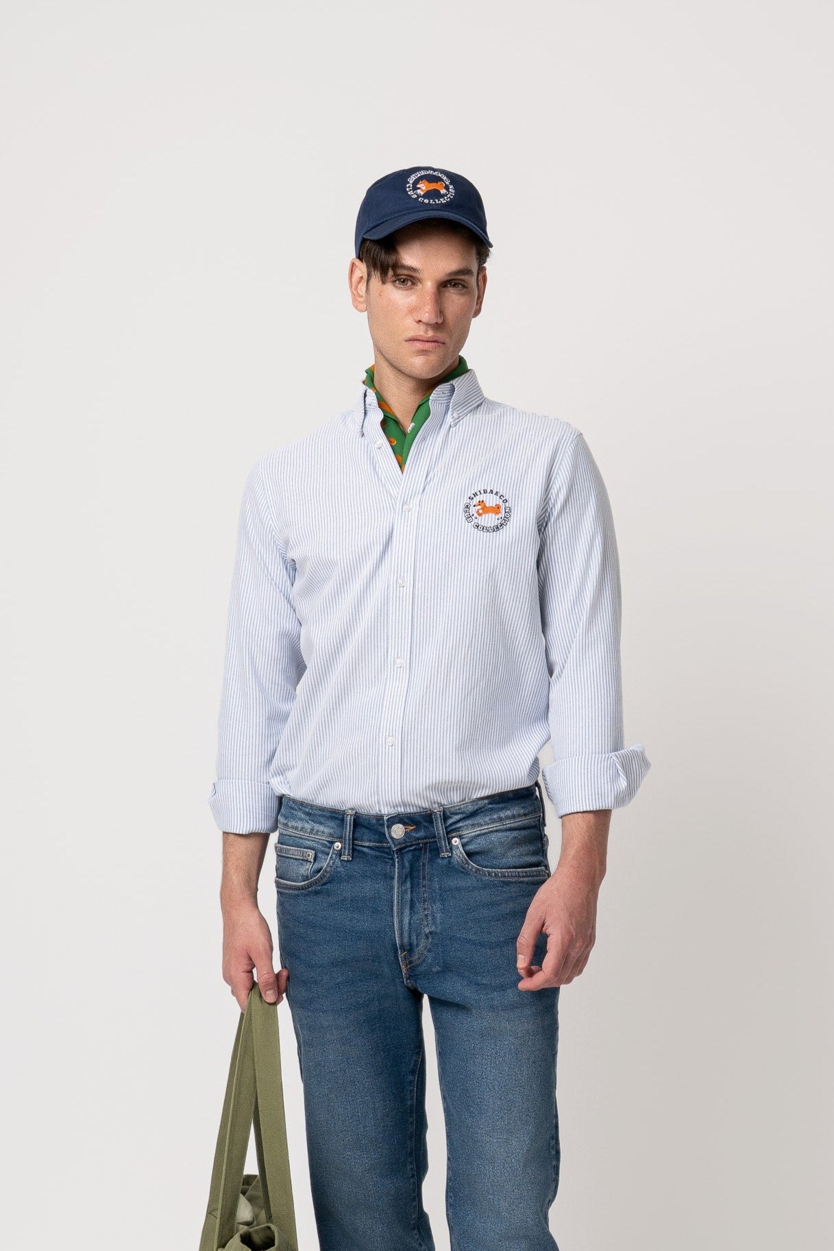 Club Shiba Embroidered Oxford Shirt - Blue Striped