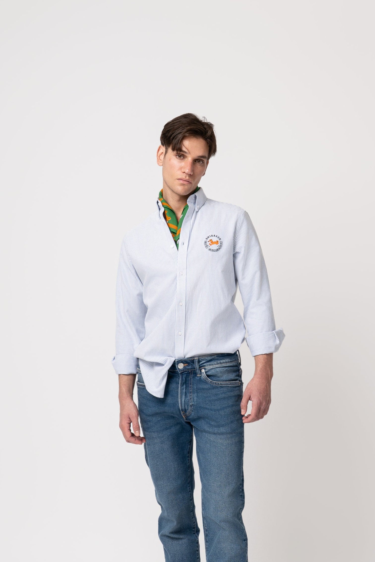 Club Shiba Embroidered Oxford Shirt - Blue Striped