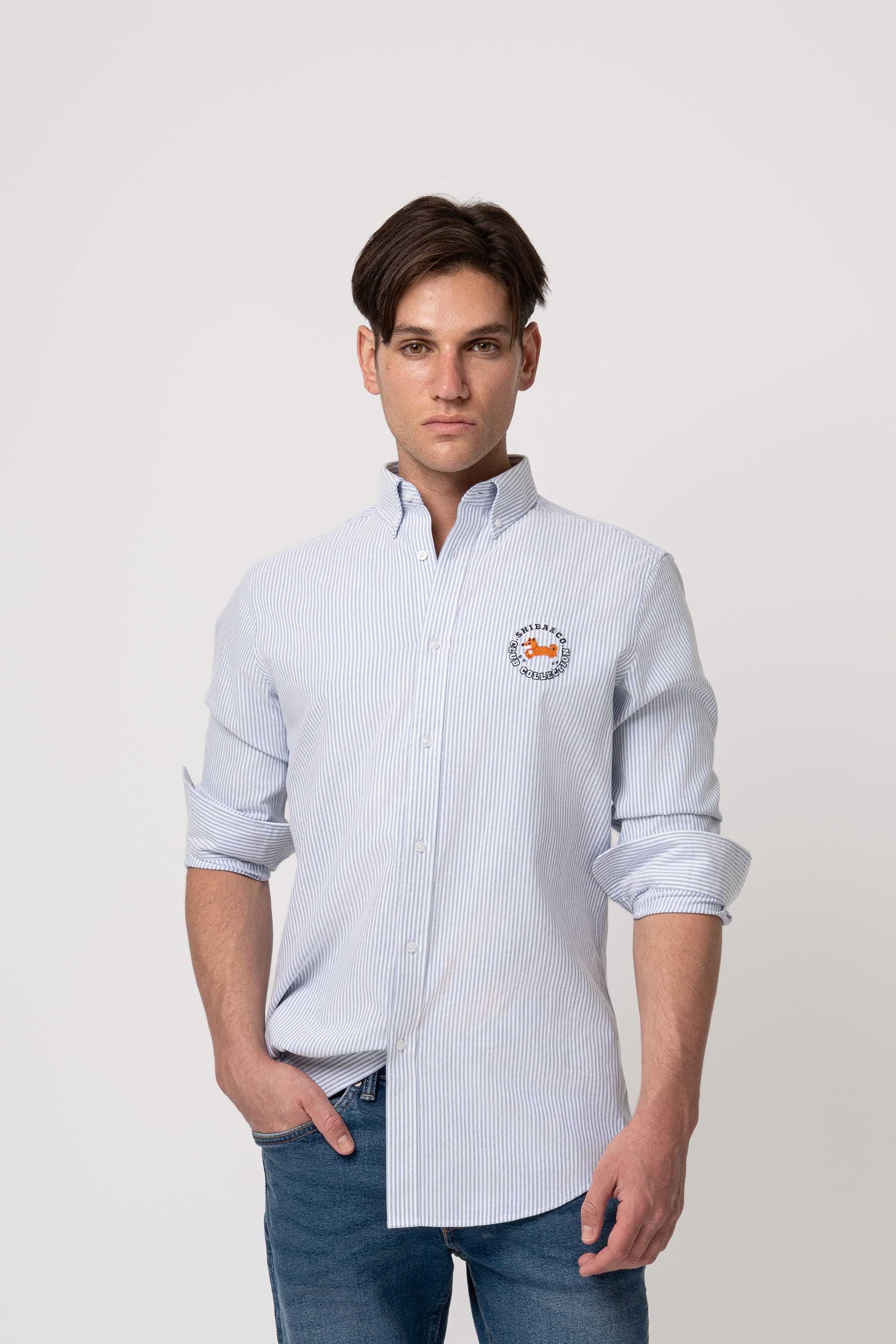 Club Shiba Embroidered Oxford Shirt - Blue Striped