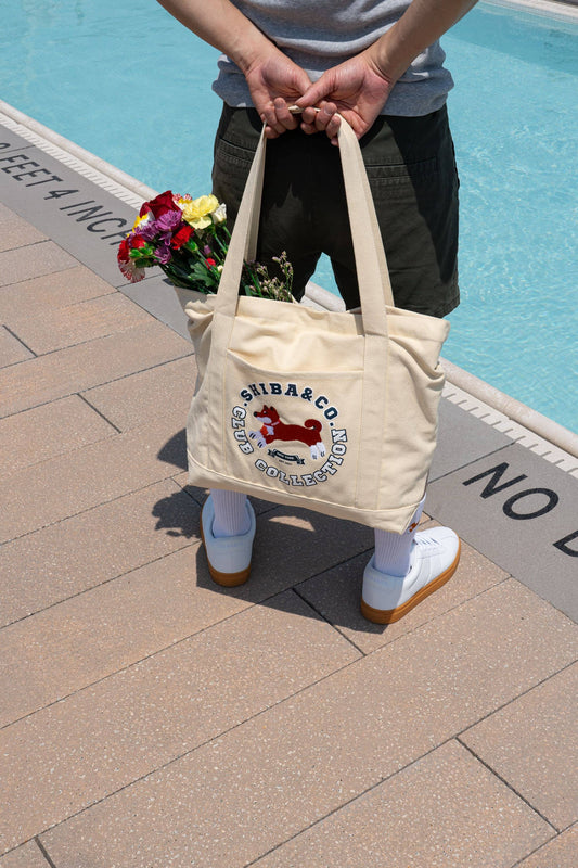 Club Shiba Embroidered Large Tote – Sandshell Beige