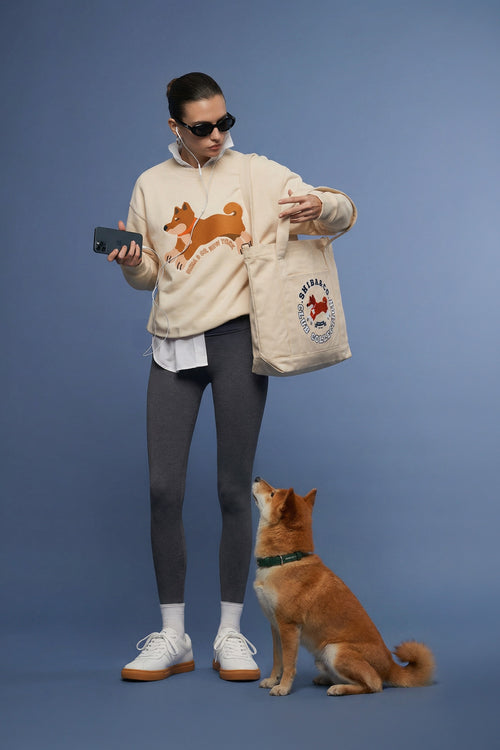 Club Shiba Inu Dog Embroidered Large Tote – Sandshell Beige