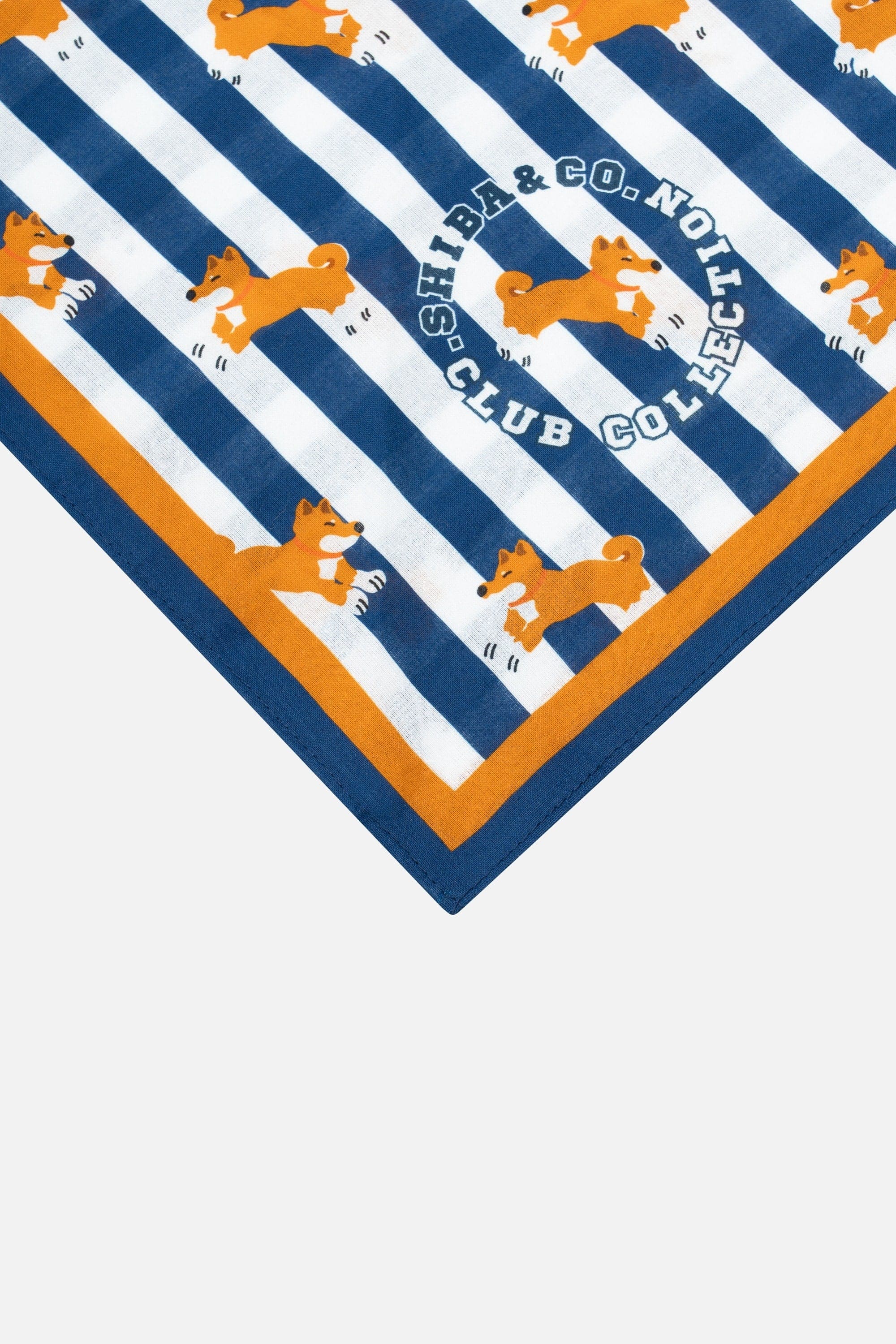 The Hamptons Dog Bandana - Blue Cabana Striped With Shiba Inu Print