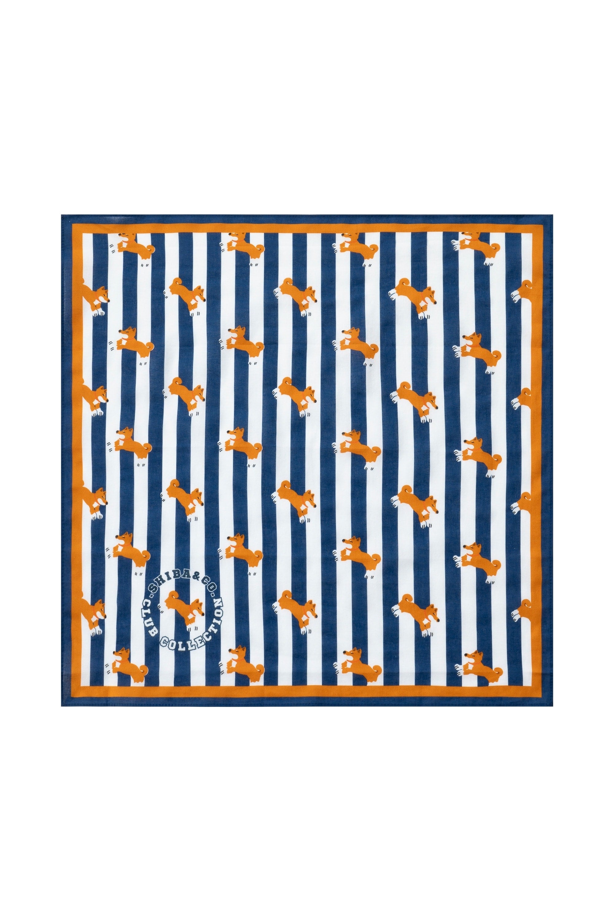 The Hamptons Dog Bandana - Blue Cabana Striped With Shiba Inu Print