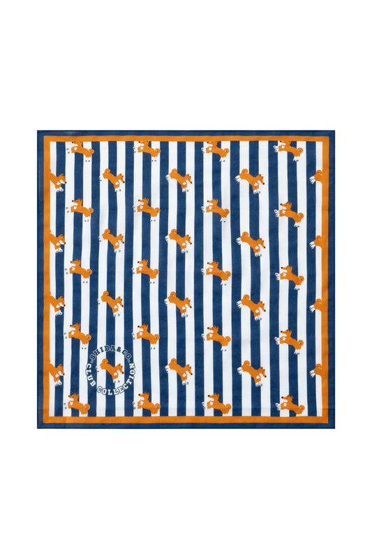 The Hamptons Dog Bandana - Blue Cabana Striped With Shiba Inu Print