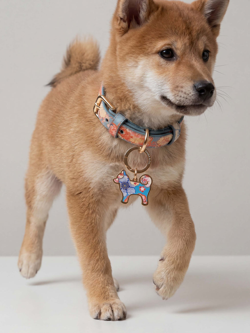 18K Gold Plated “My Precious” Shiba Inu Silhouette Dog Tag – Sakura Limited Edition - Teal Floral Pattern