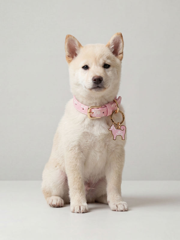 18K Gold Plated “My Precious” Shiba Inu Silhouette Dog Tag - Sakura Limited Edition - Pink Seigaiha Pattern