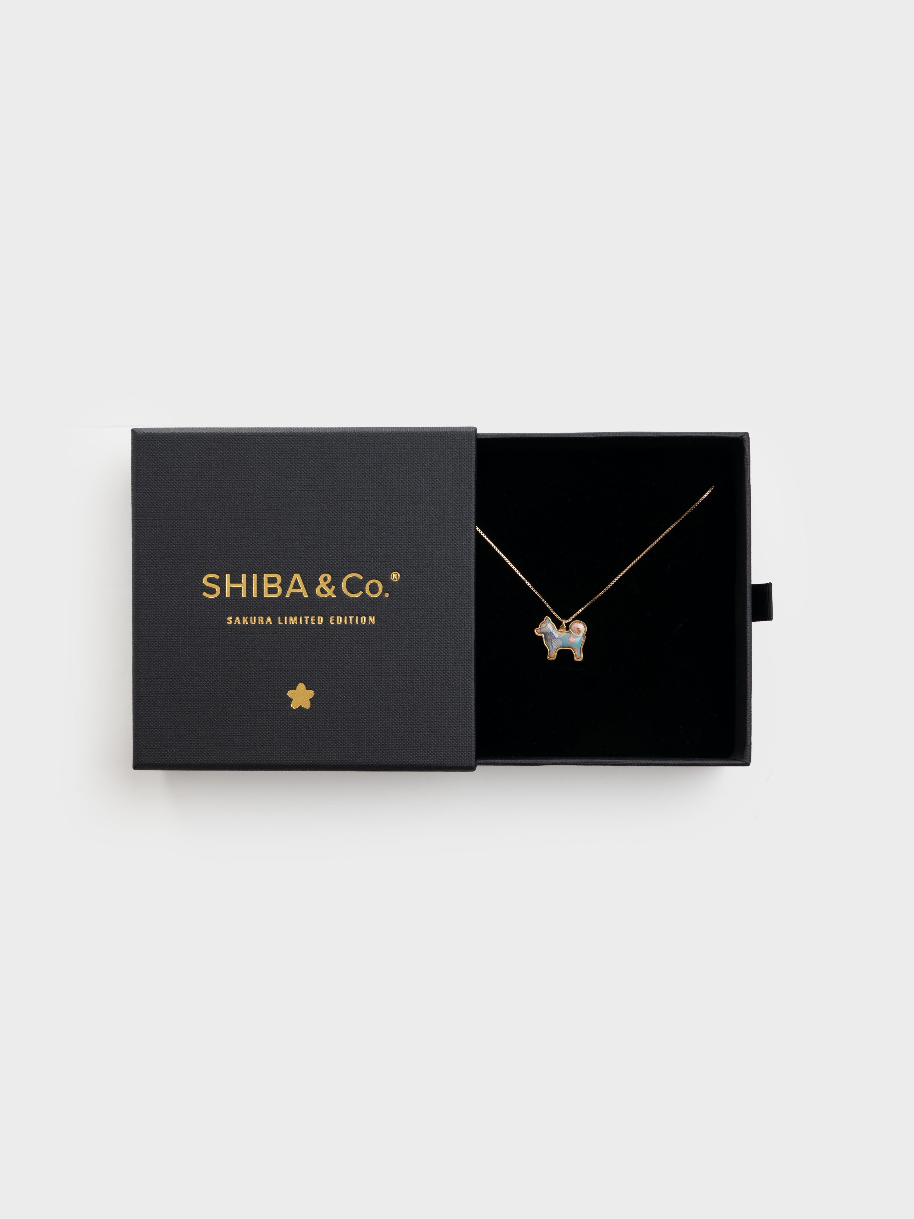 24K Gold Plated Shiba Inu Dog Pendant - Sakura Limited Edition - Teal Floral