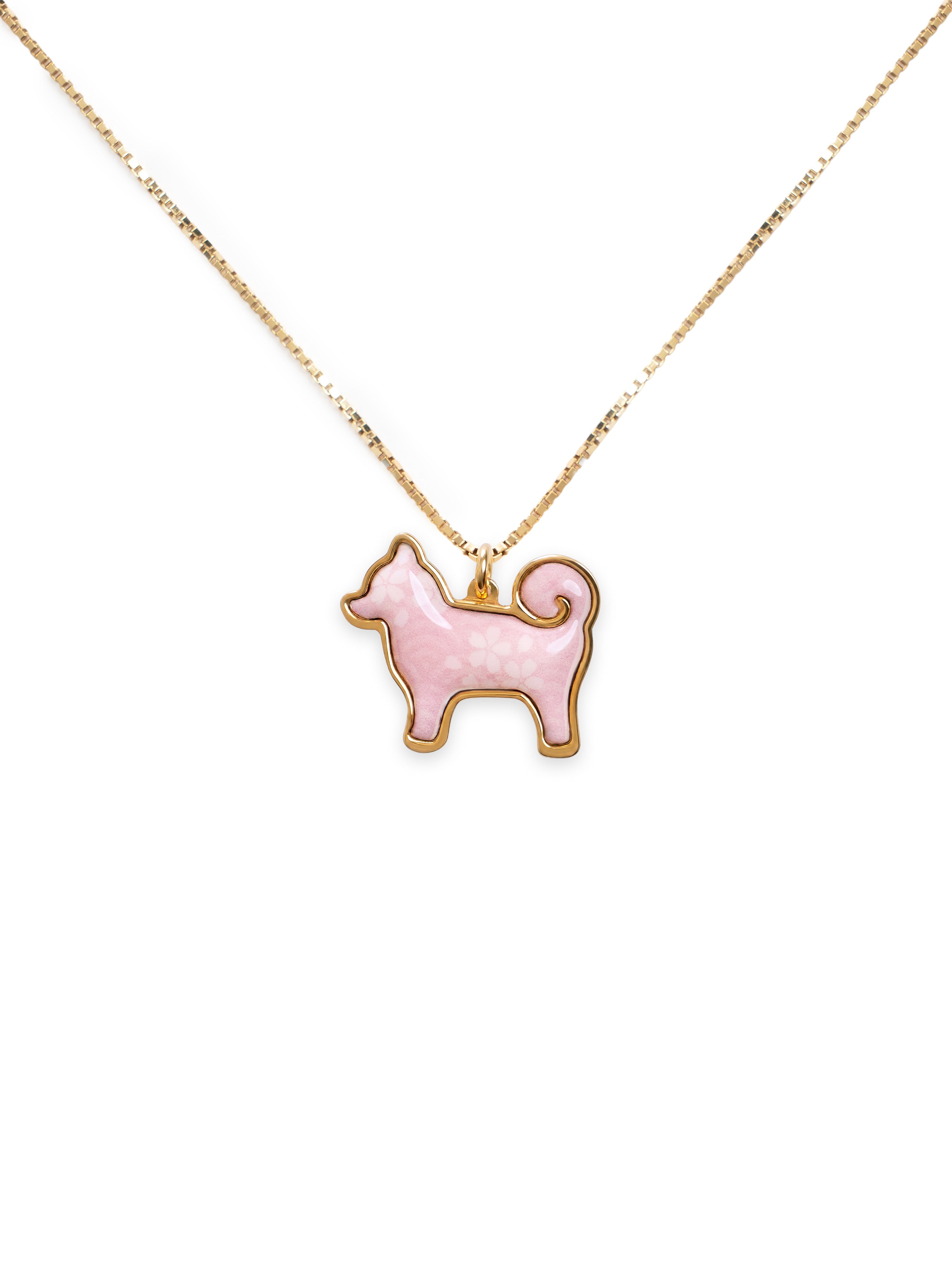 24K Gold Plated Shiba Inu Dog Pendant - Sakura Limited Edition - Pink Seigaiha