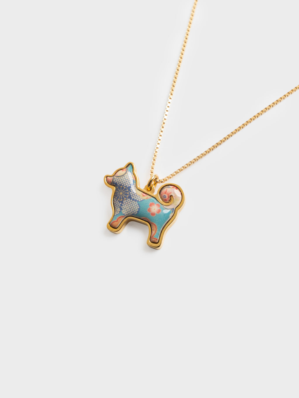 24K Gold Plated Shiba Inu Dog Pendant - Sakura Limited Edition - Teal Floral