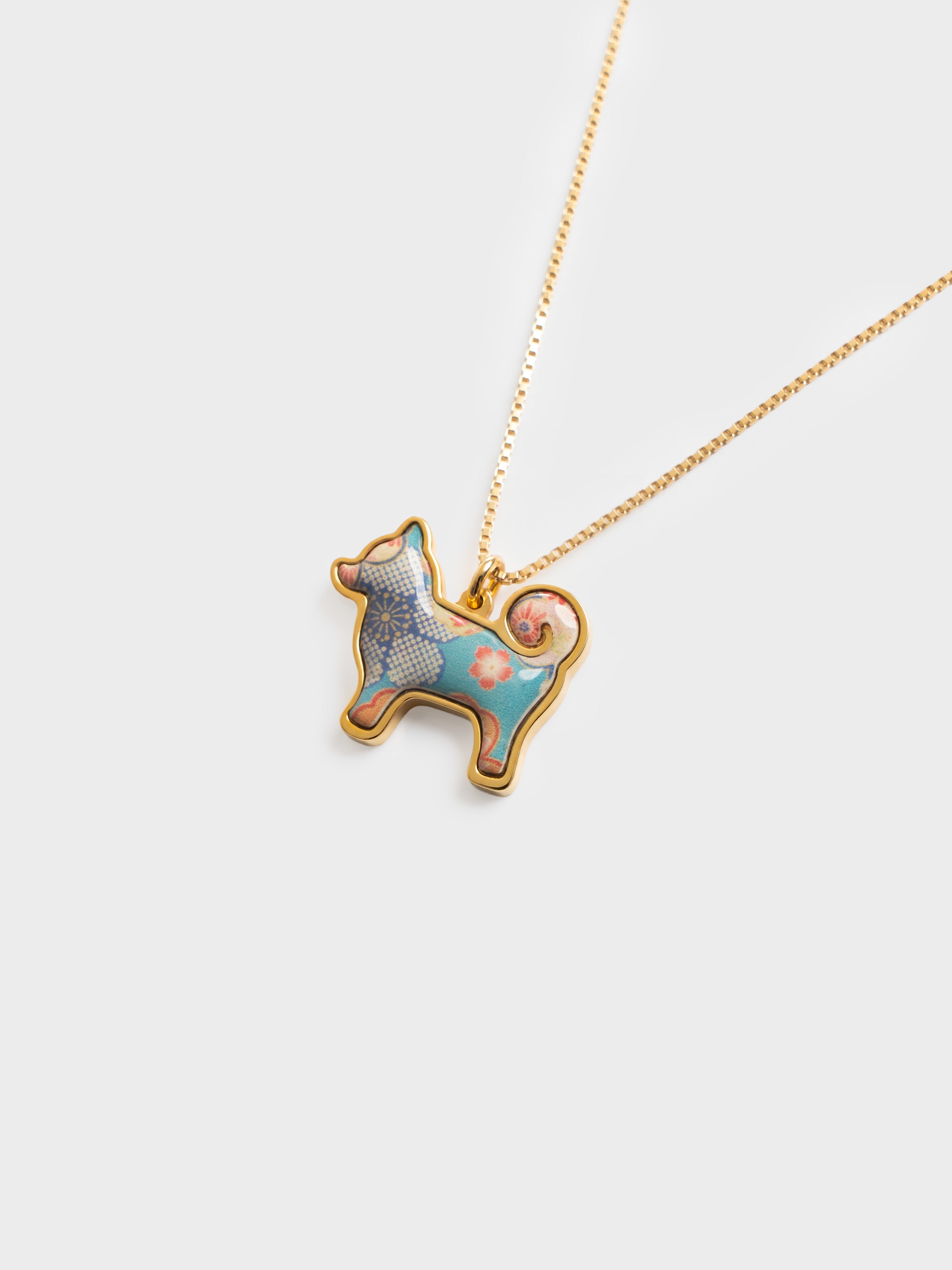 24K Gold Plated Shiba Inu Dog Pendant - Sakura Limited Edition - Teal Floral