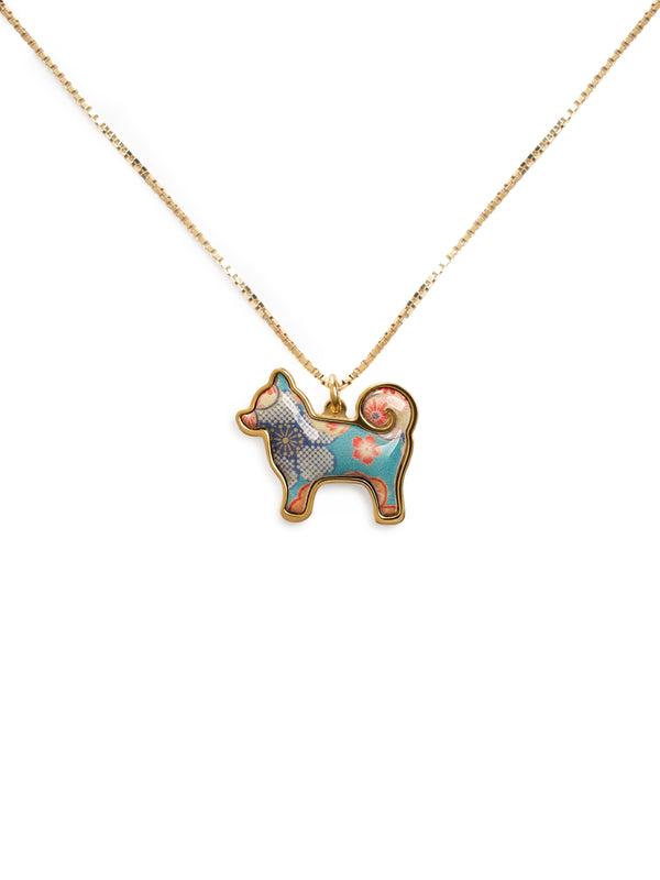 24K Gold Plated Shiba Inu Dog Pendant - Sakura Limited Edition - Teal Floral