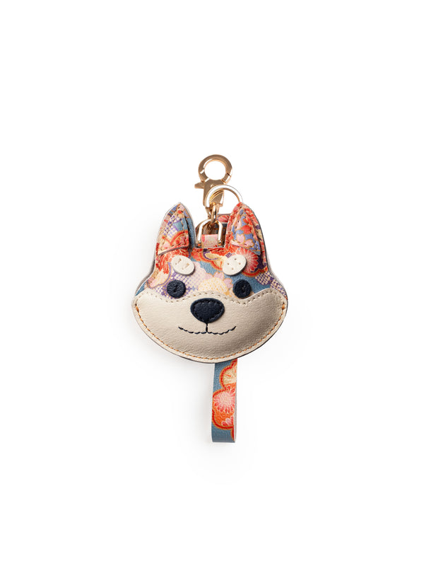 Sakura Shiba Inu Face Bag Charm In Italian Leather - Teal Floral