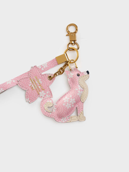 Sakura Shiba Inu Bag Charm In Italian Leather - Pink Seigaiha