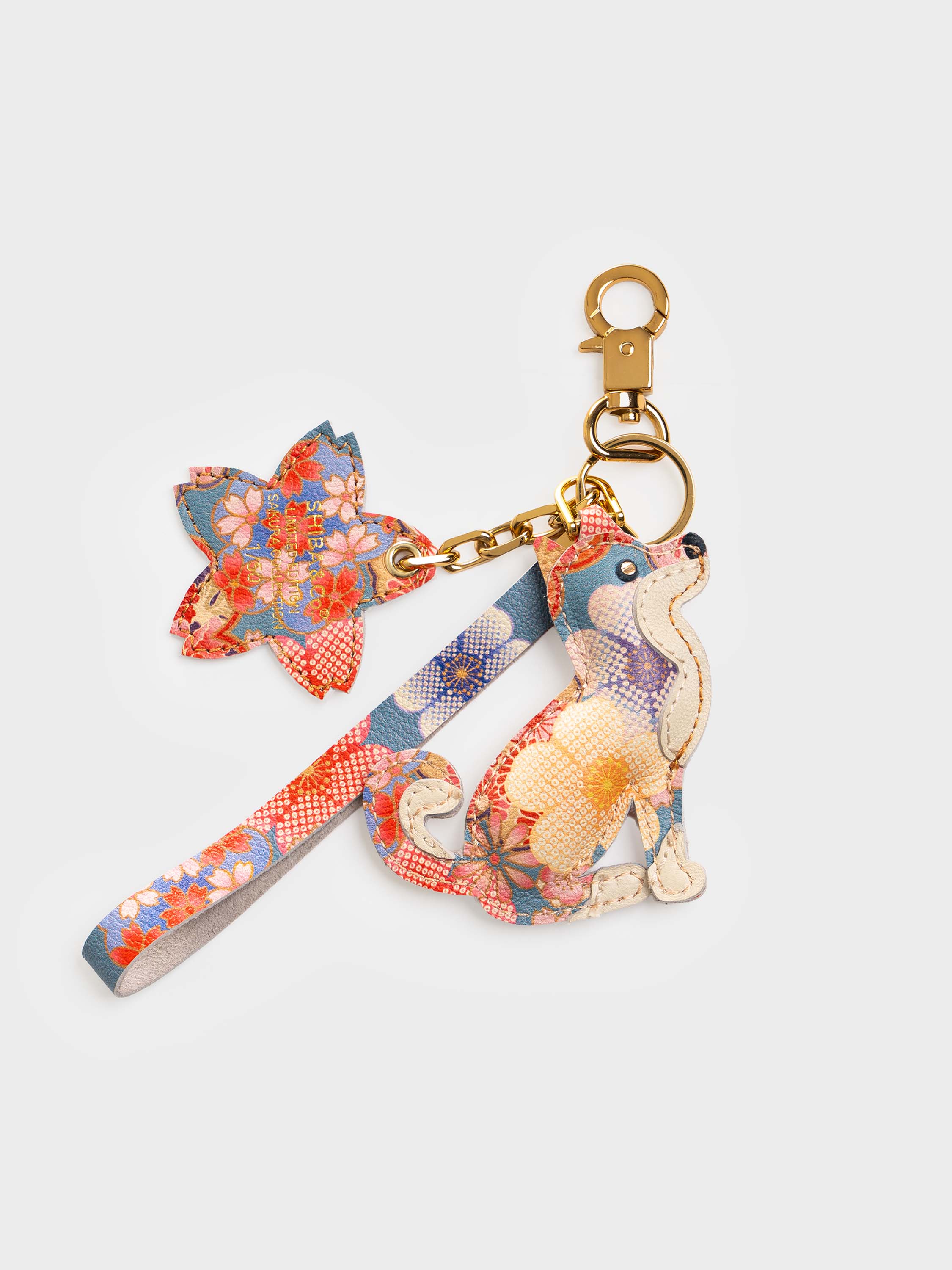 Sakura Shiba Inu Bag Charm In Italian Leather - Teal Floral