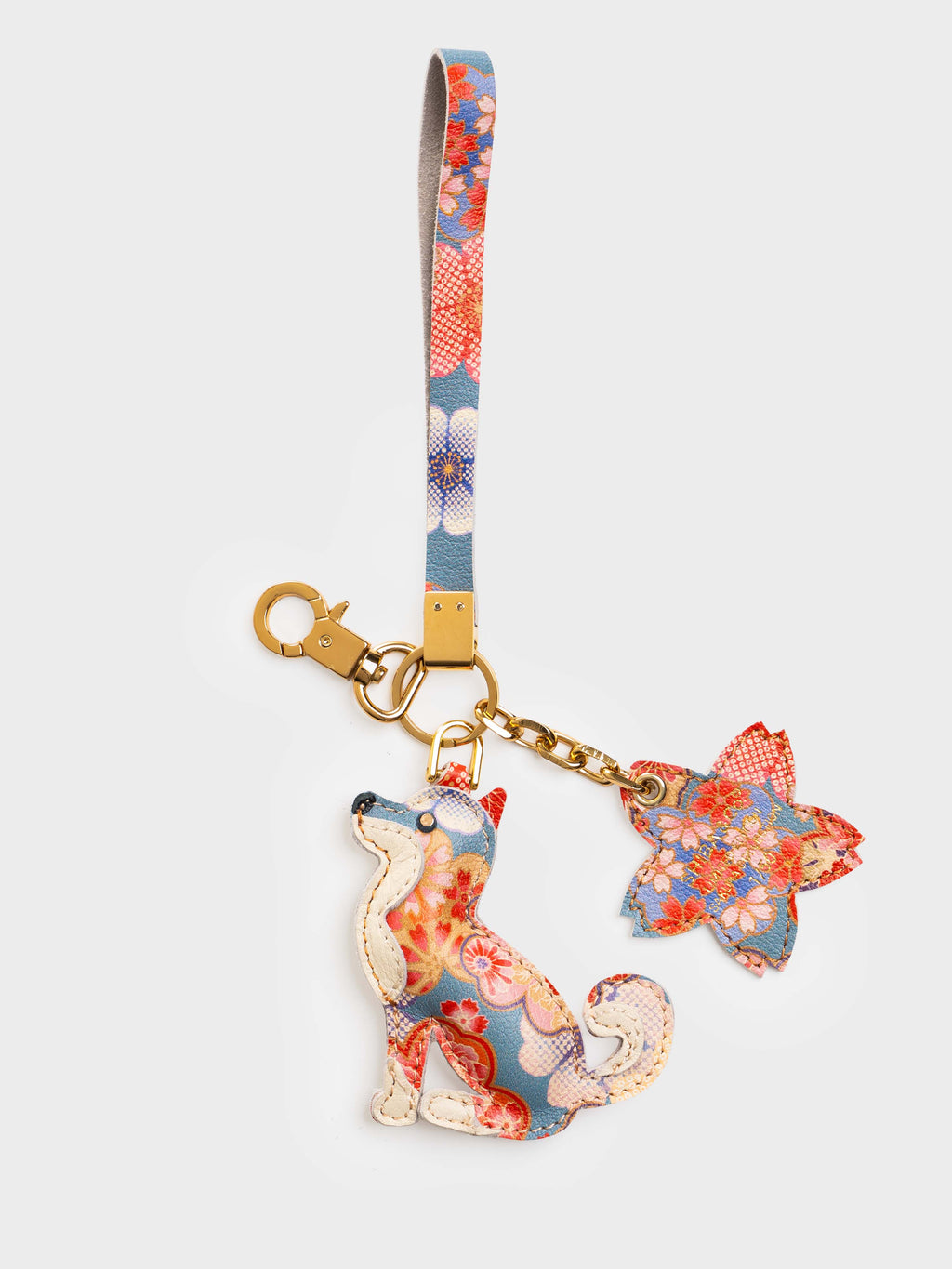 Sakura Shiba Inu Bag Charm In Italian Leather - Teal Floral