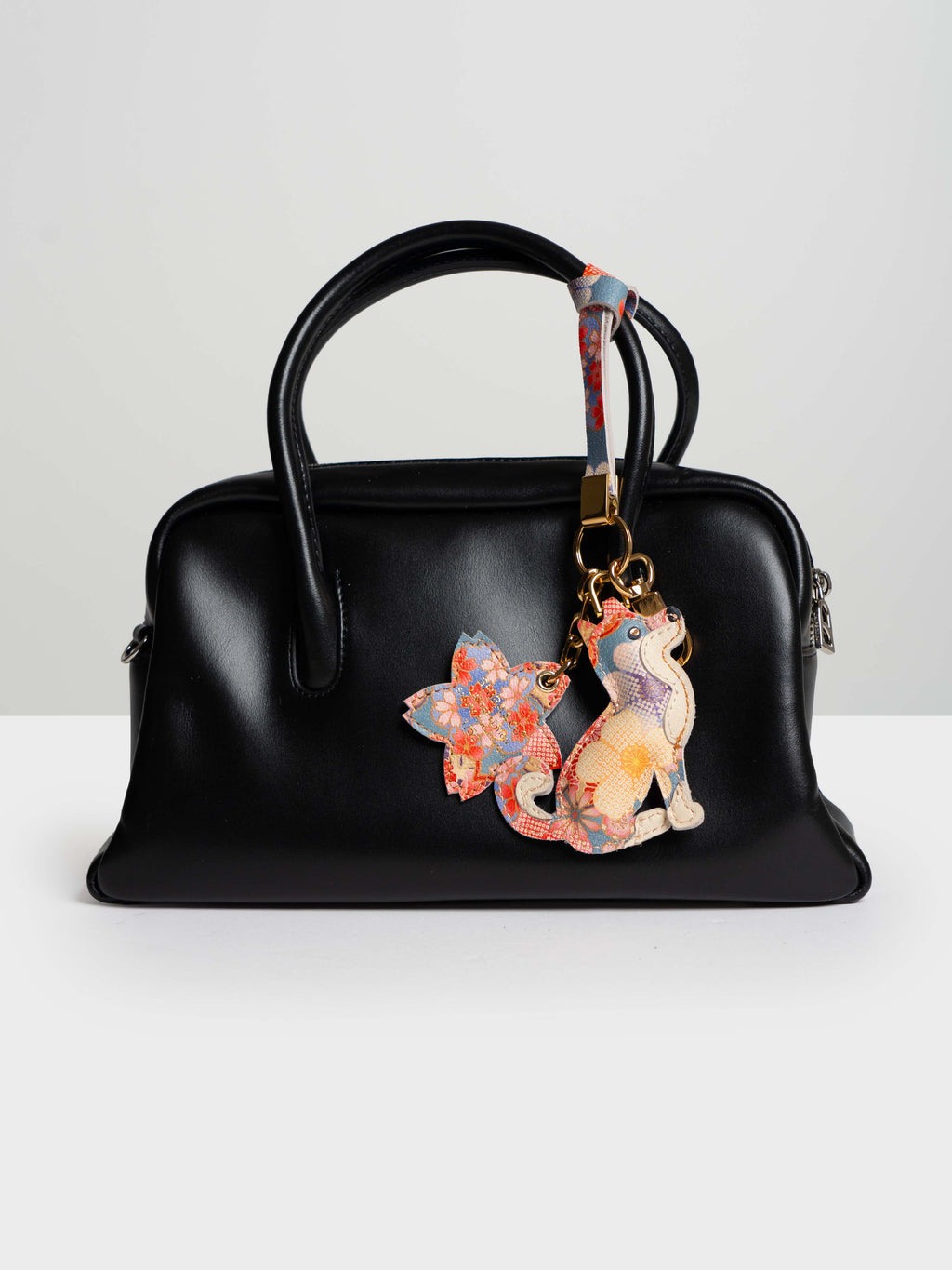 Sakura Shiba Inu Bag Charm In Italian Leather - Teal Floral