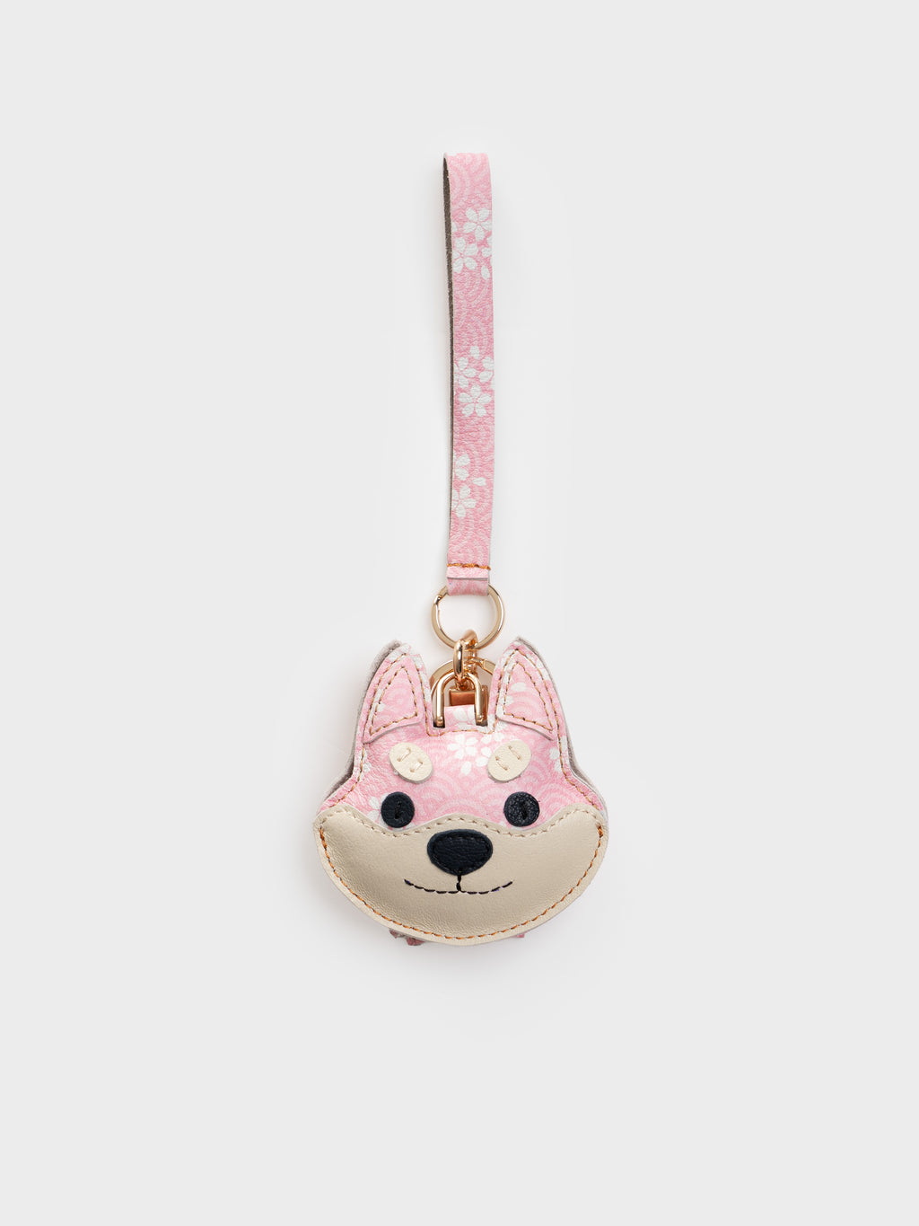 Sakura Shiba Inu Face Bag Charm In Italian Leather - Pink Seigaiha