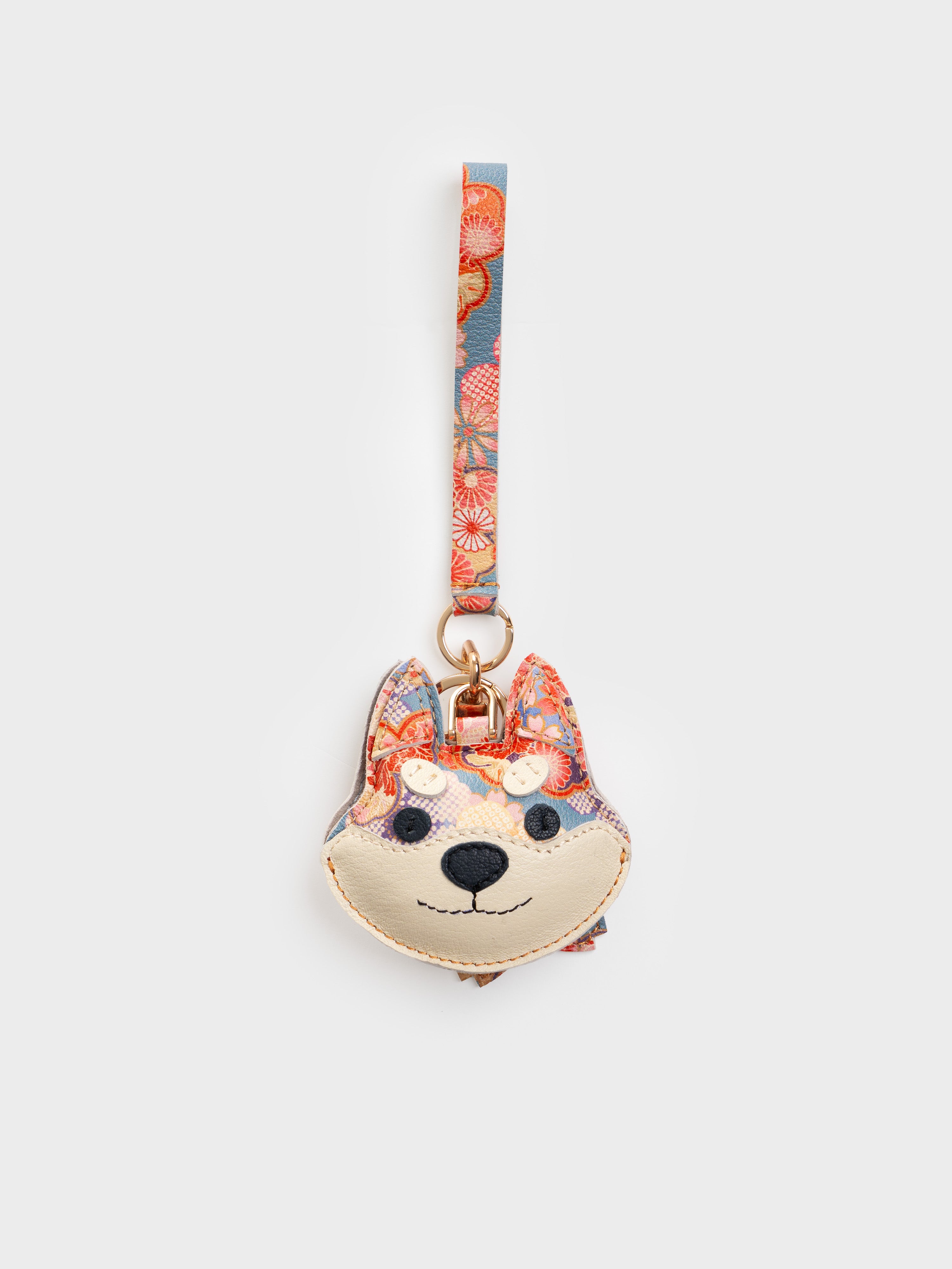 Sakura Shiba Inu Face Bag Charm In Italian Leather - Teal Floral