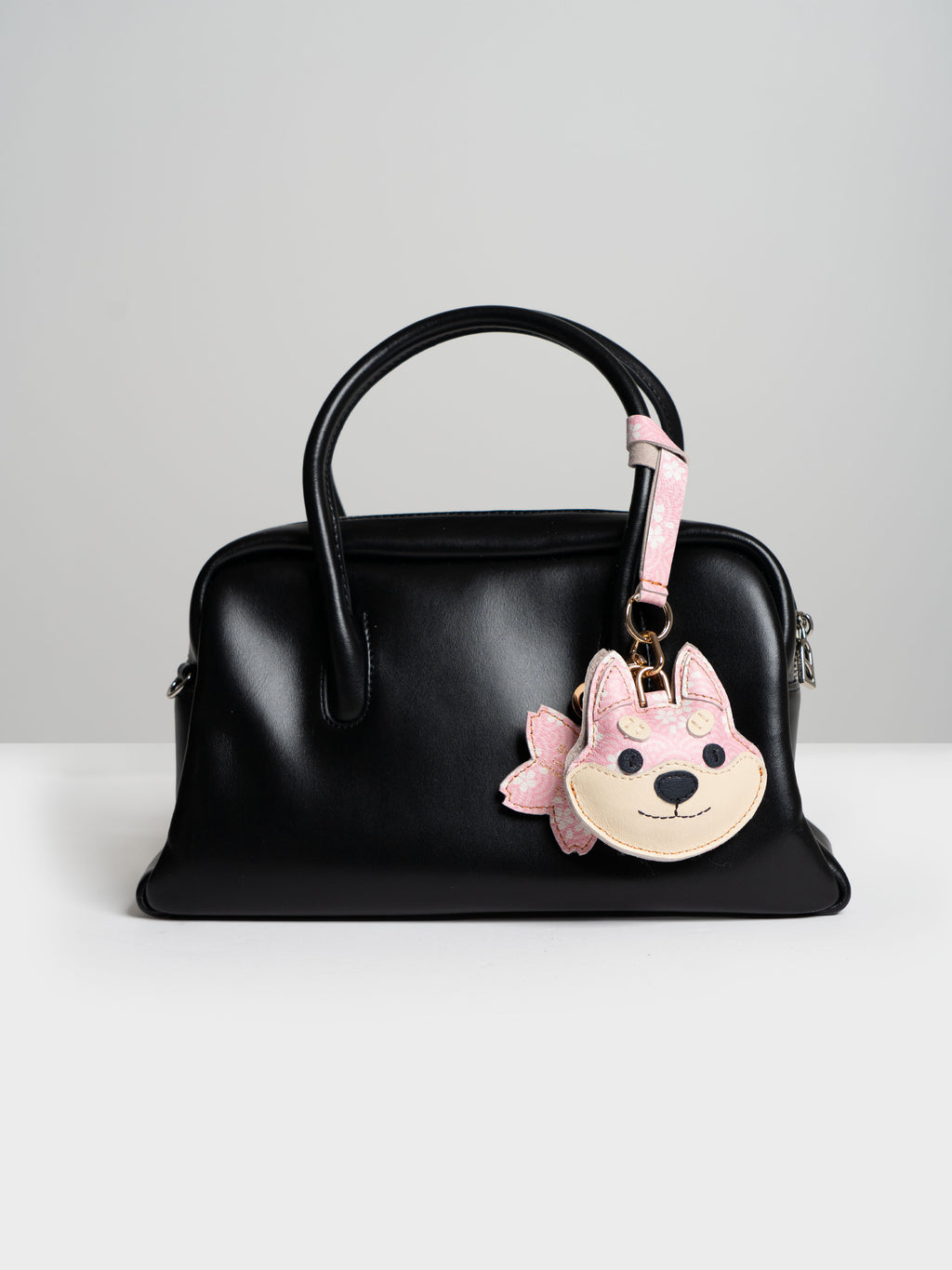 Sakura Shiba Inu Face Bag Charm In Italian Leather - Pink Seigaiha