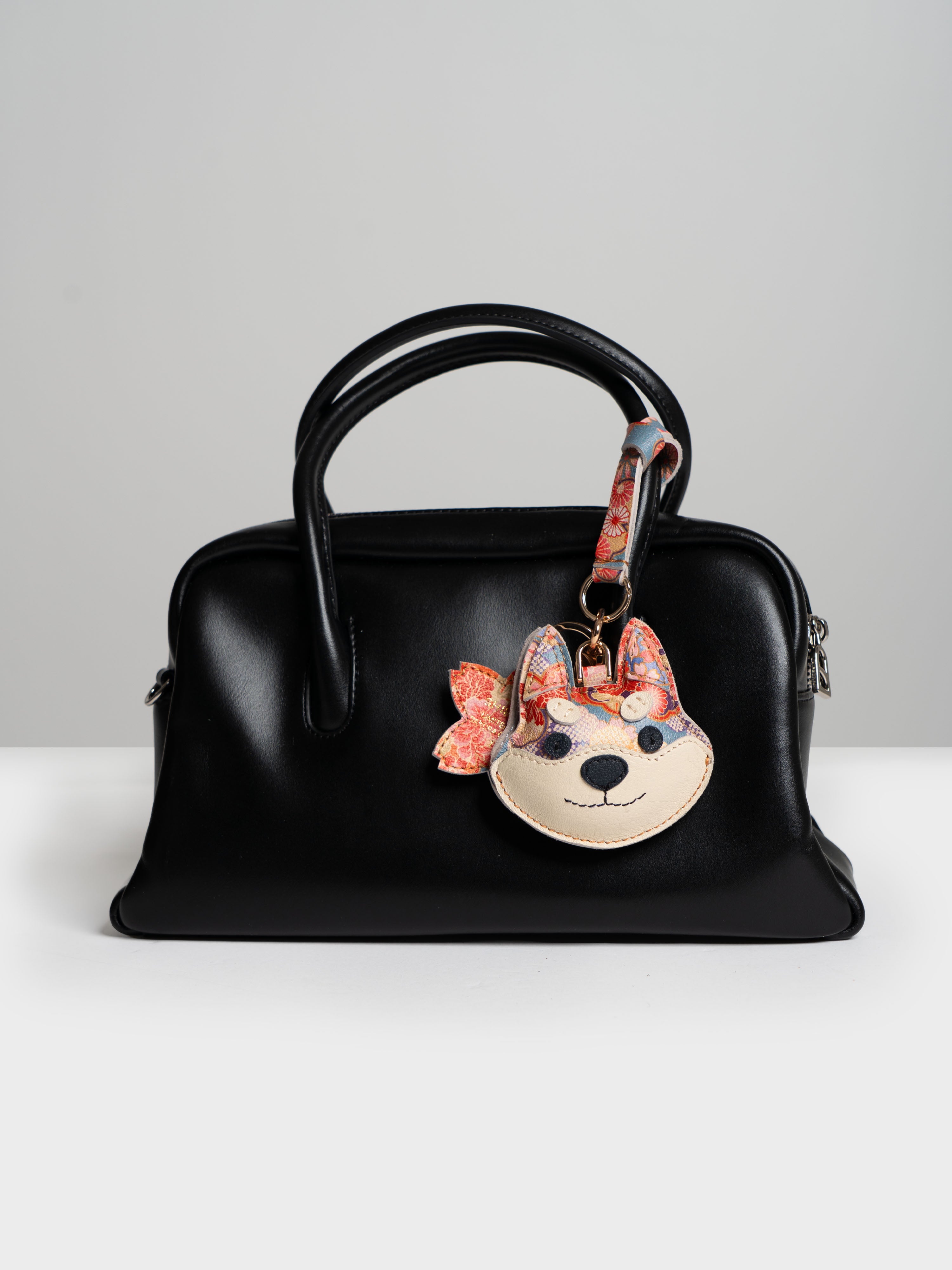 Sakura Shiba Inu Face Bag Charm In Italian Leather - Teal Floral