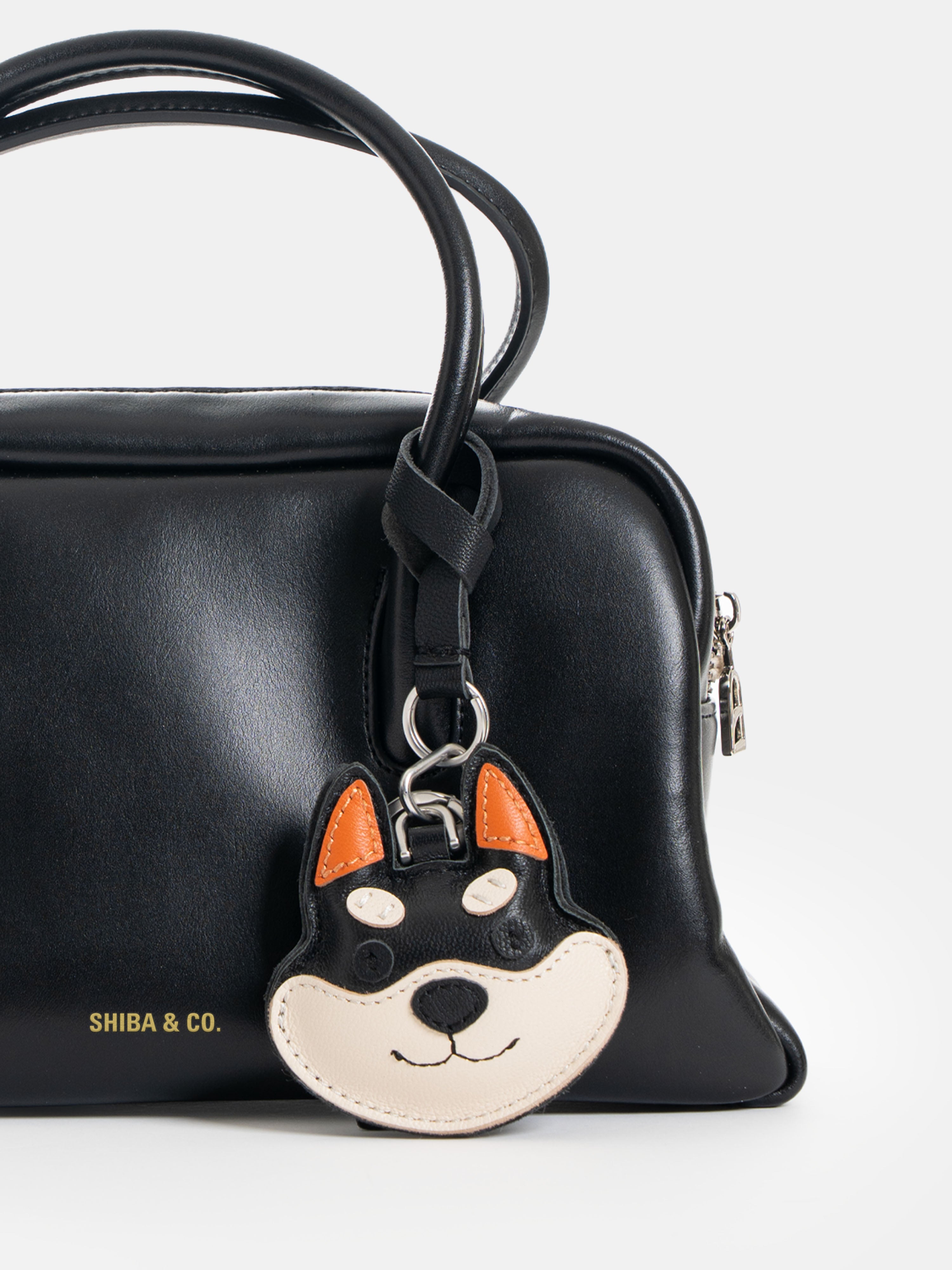 Shiba Inu Face Bag Charm In Italian Leather - Black and Tan
