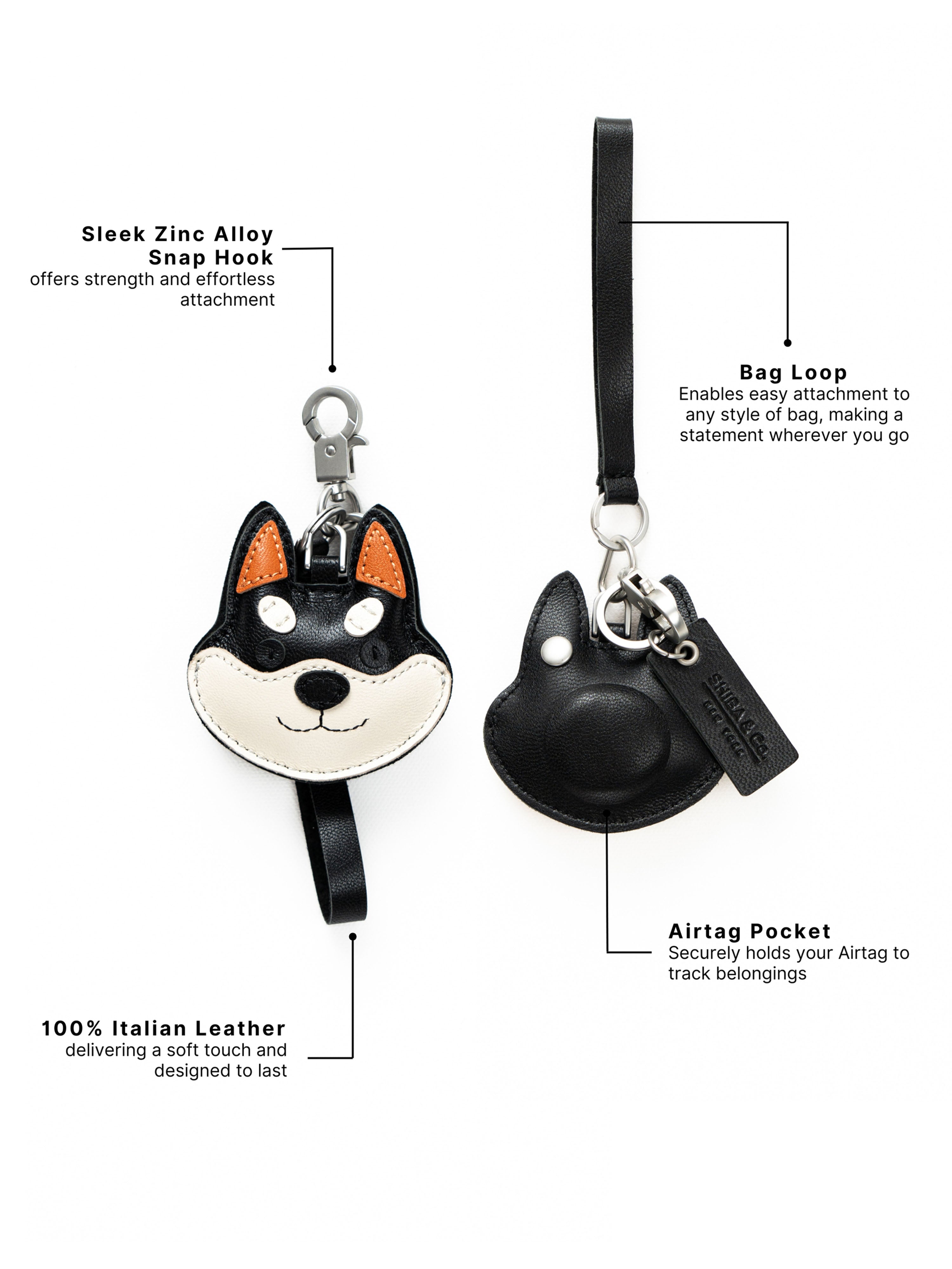 Shiba Inu Face Bag Charm In Italian Leather - Black and Tan