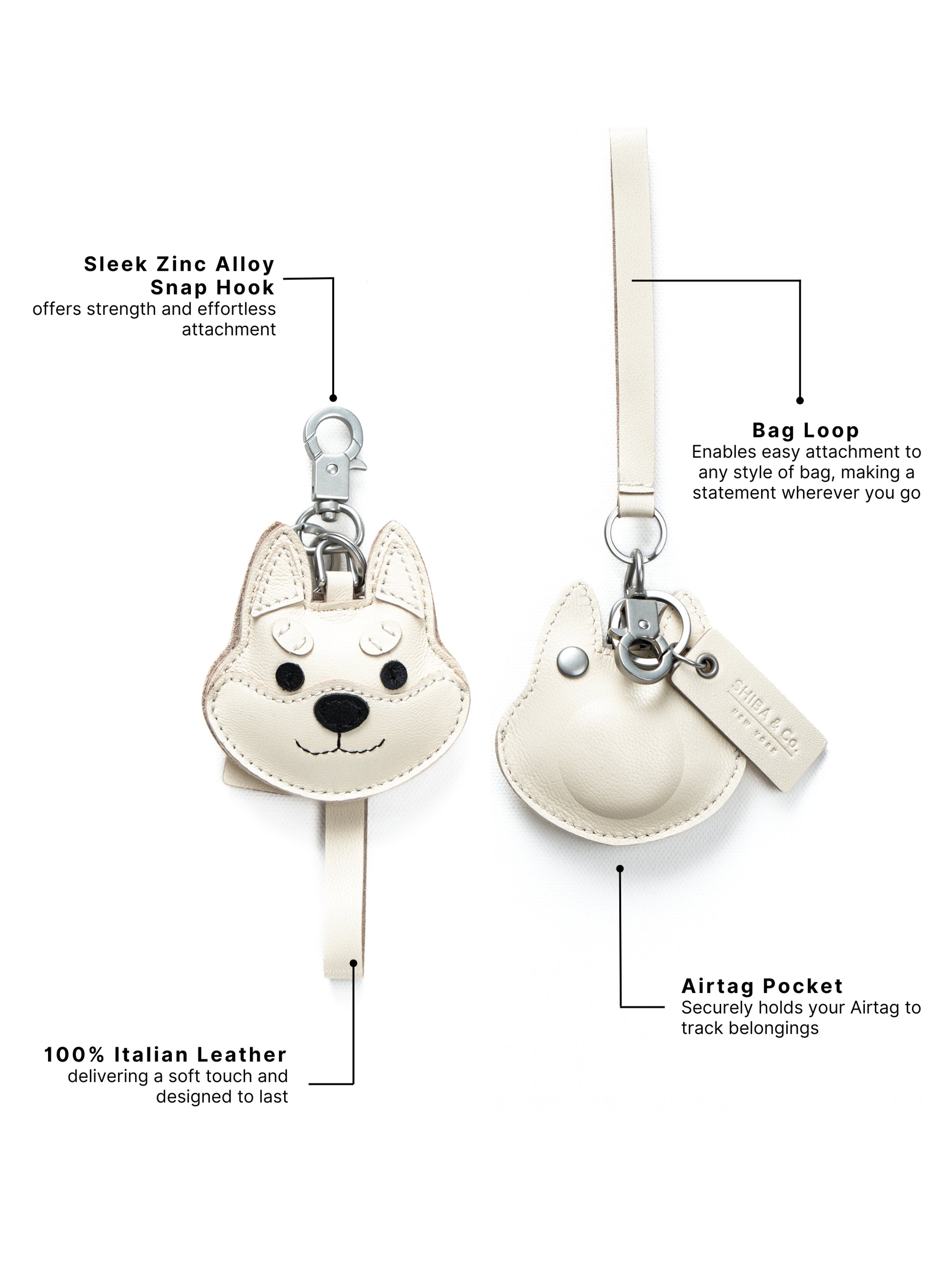 Shiba Inu Face Bag Charm In Italian Leather - Cream White