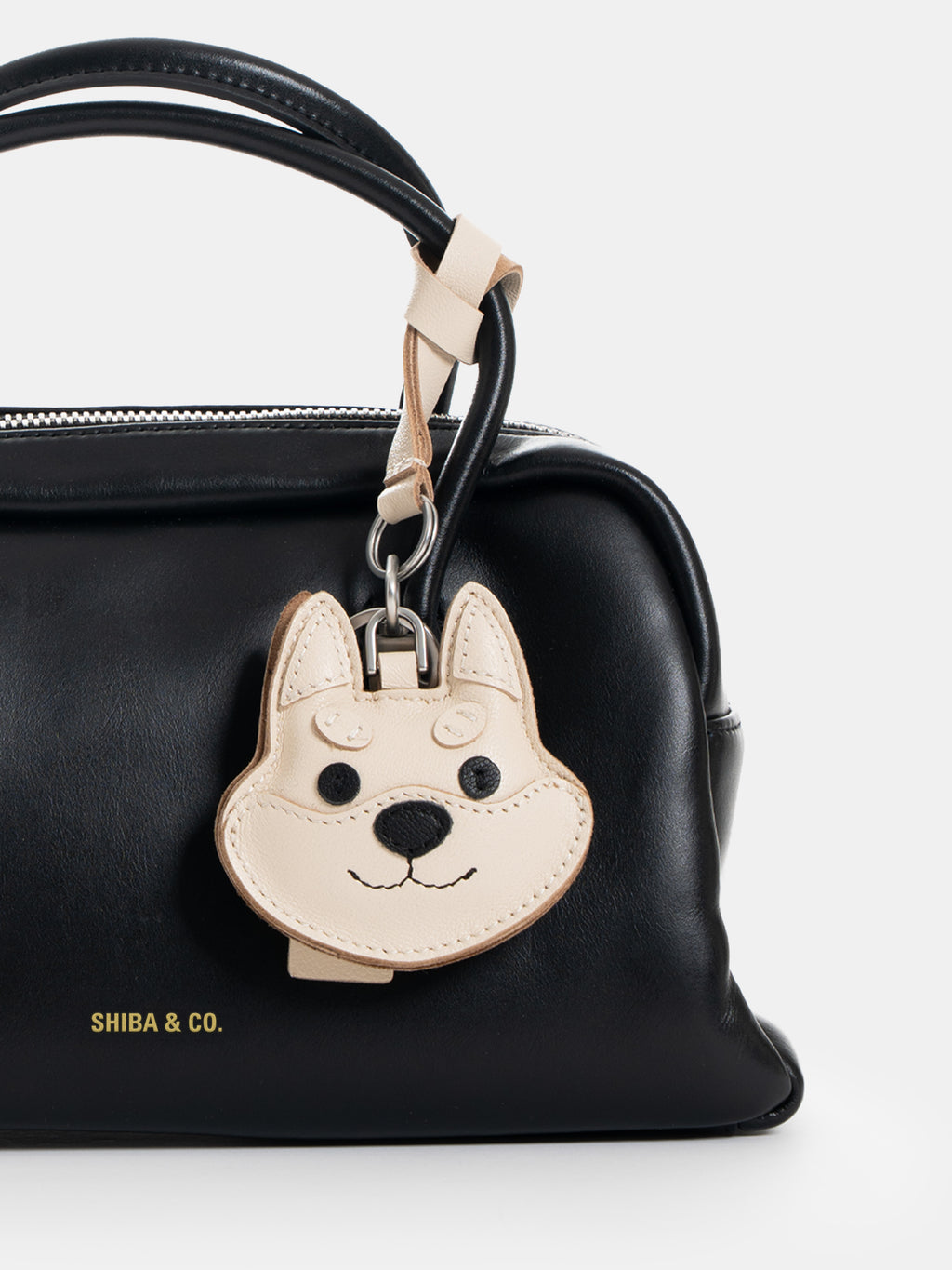 Shiba Inu Face Bag Charm In Italian Leather - Cream White