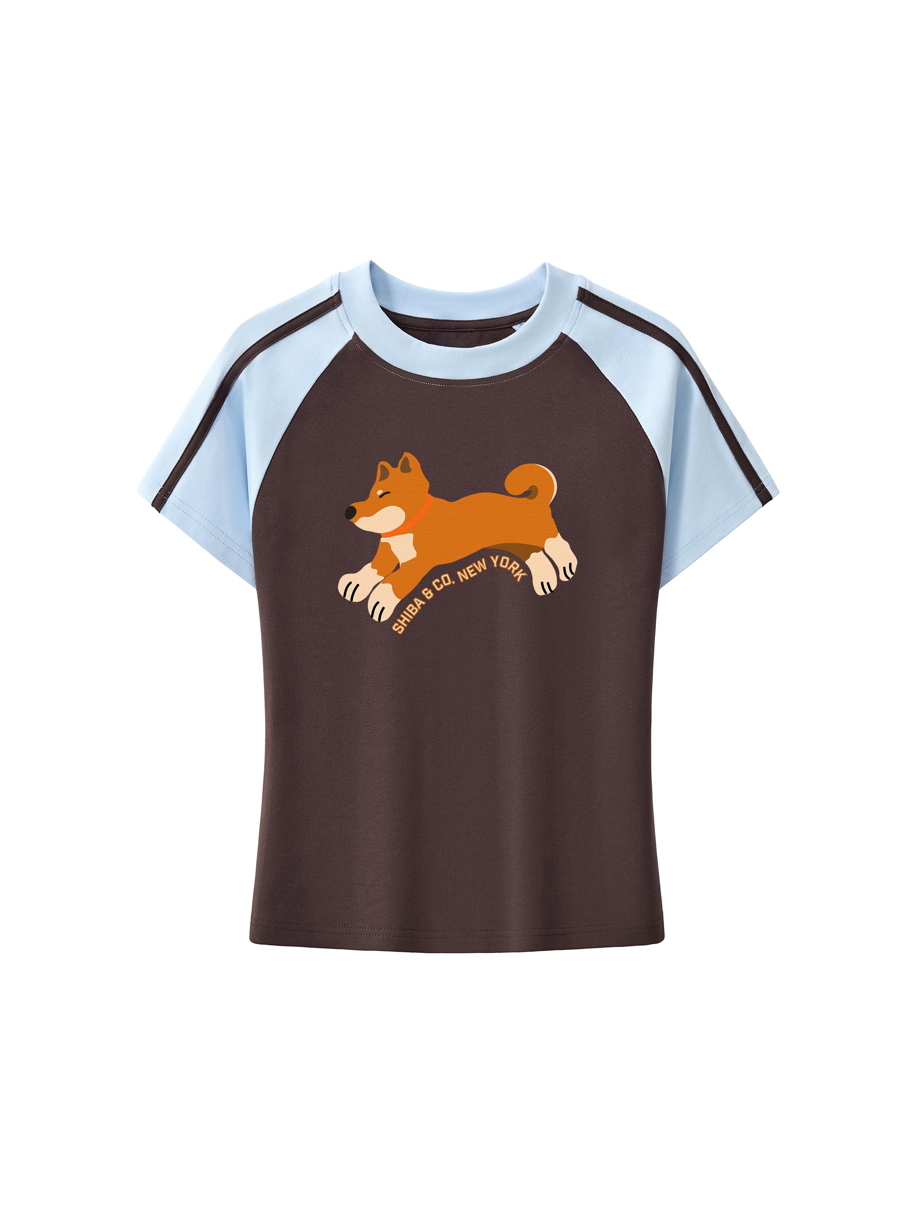 Womens Club Shiba Inu Slim Fit Raglan Stripes Sleeve Cotton T-Shirt - Red Shiba