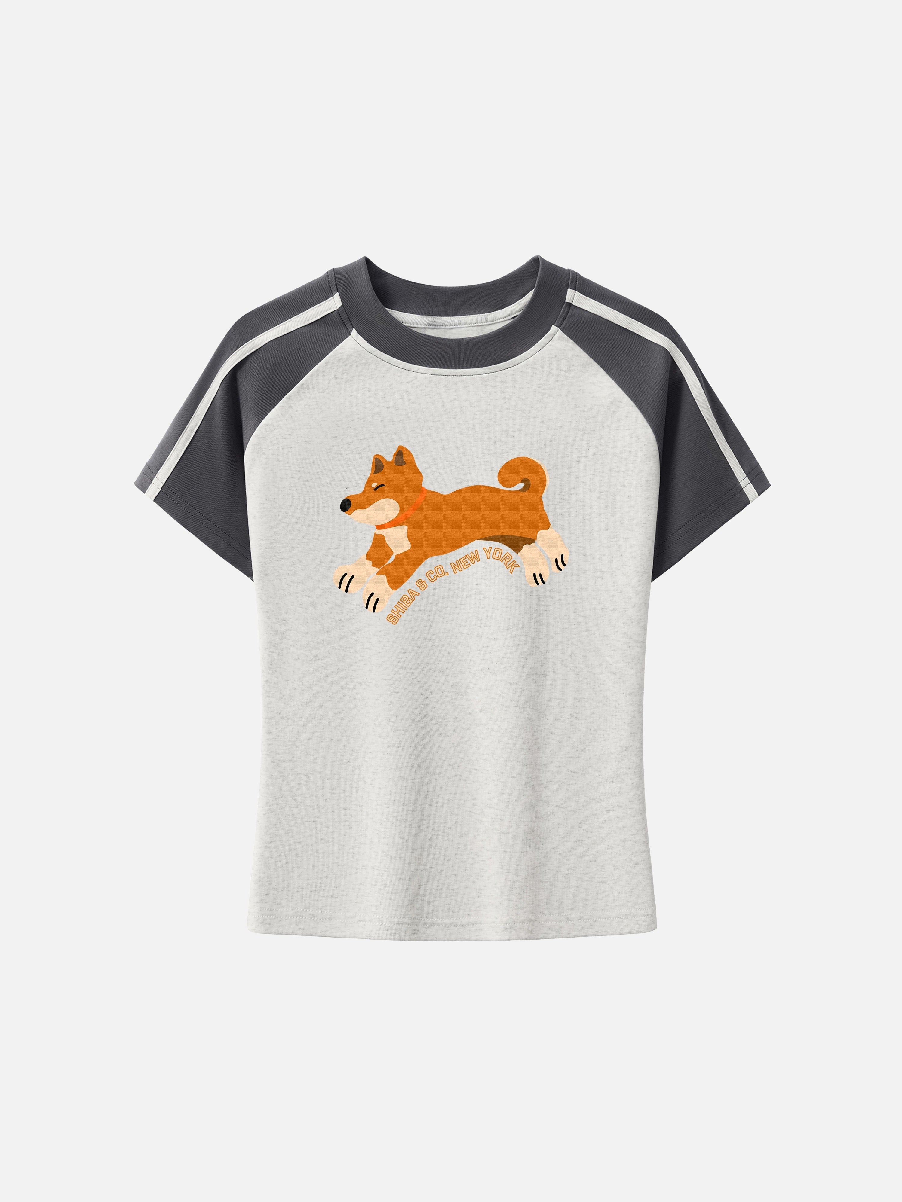 Womens Club Shiba Inu Slim Fit Raglan Stripes Sleeve Cotton T-Shirt - Red Shiba