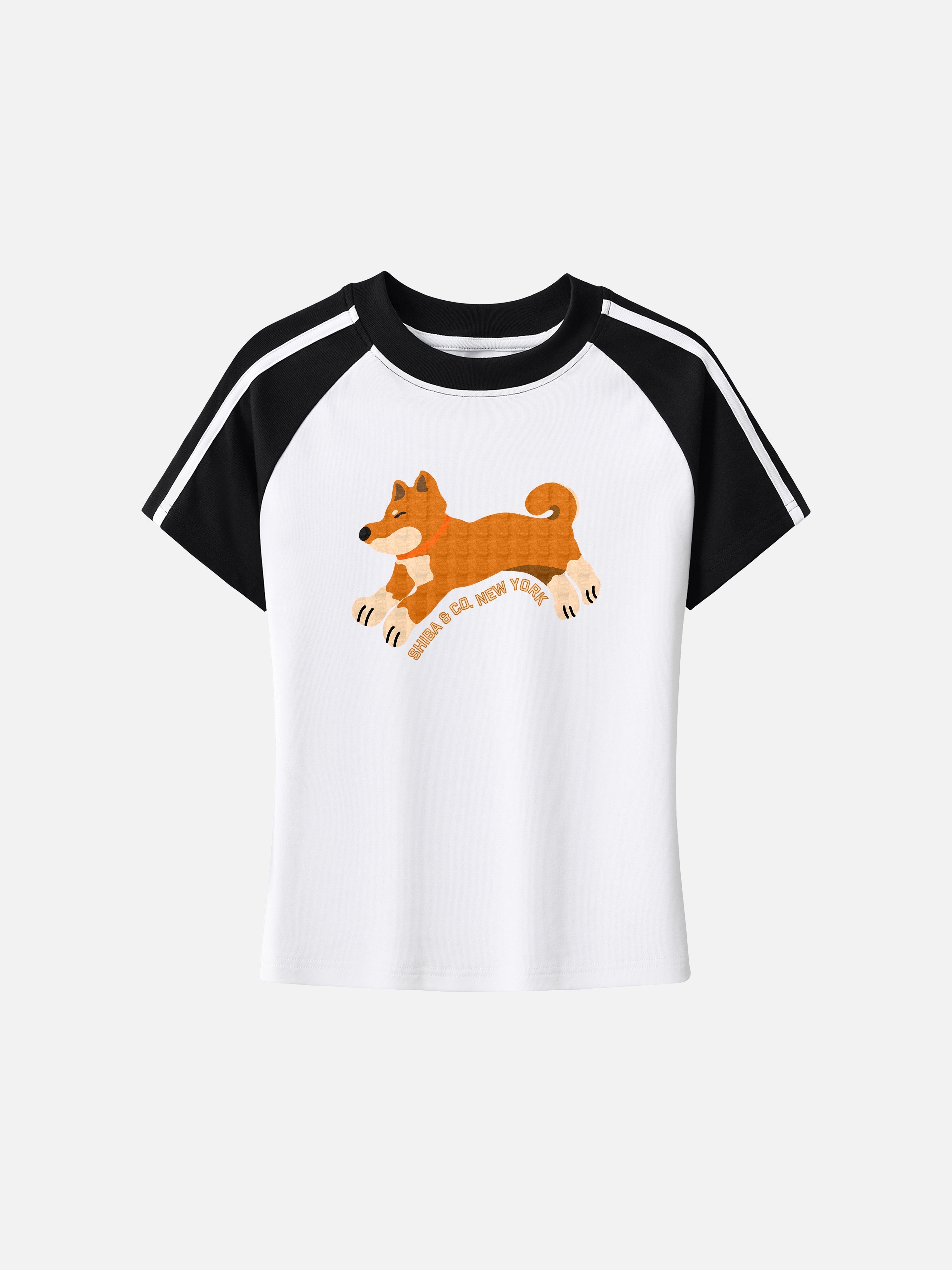 Womens Club Shiba Inu Slim Fit Raglan Stripes Sleeve Cotton T-Shirt - Red Shiba