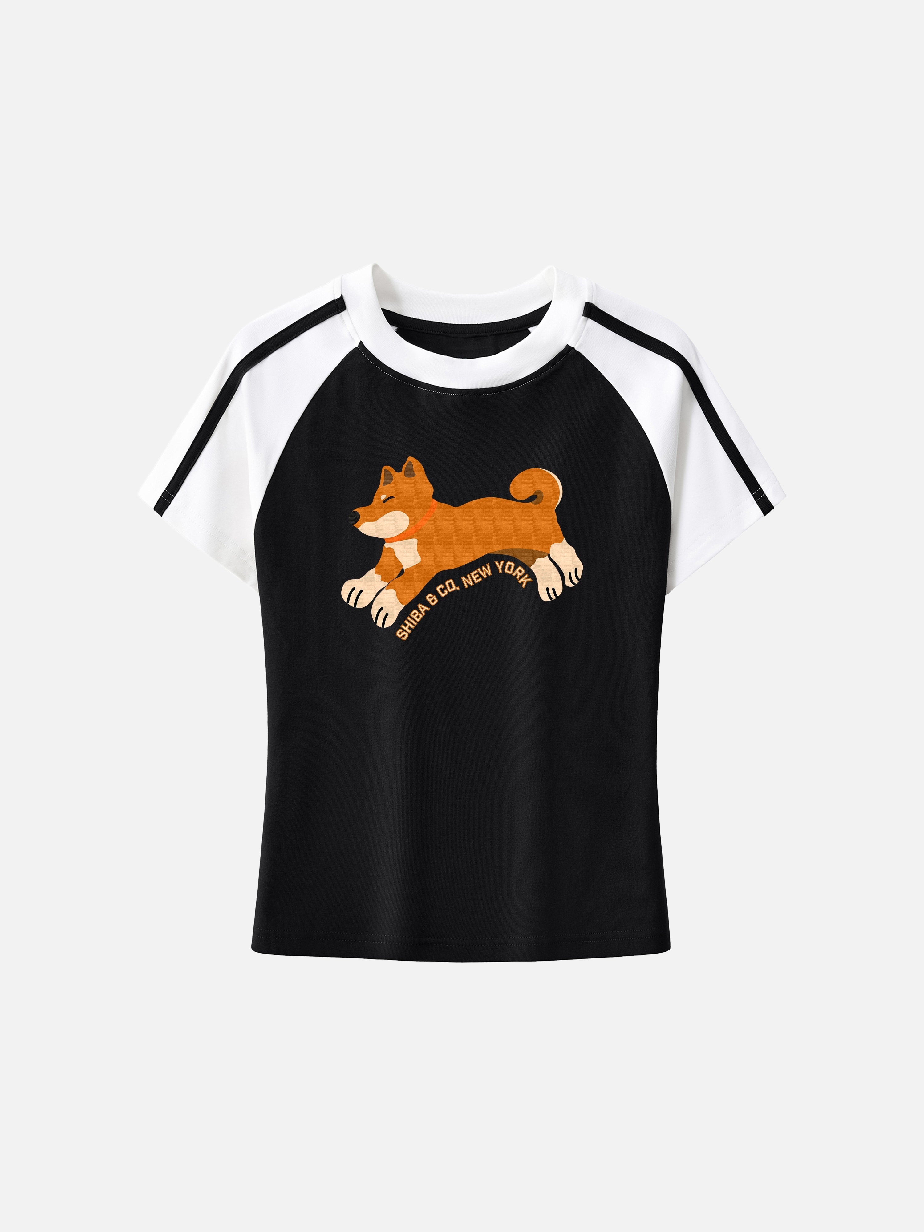 Womens Club Shiba Inu Slim Fit Raglan Stripes Sleeve Cotton T-Shirt - Red Shiba