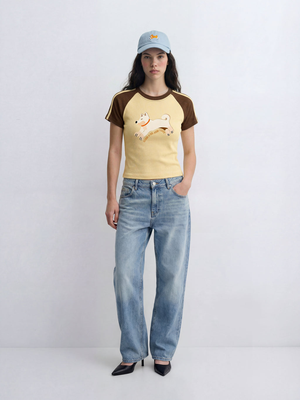 Womens Club Shiba Inu Slim Fit Raglan Stripes Sleeve Cotton T-Shirt - Cream Shiba