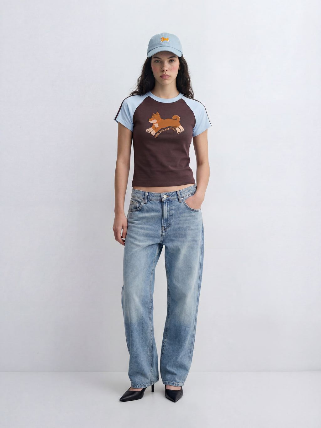 Womens Club Shiba Inu Slim Fit Raglan Stripes Sleeve Cotton T-Shirt - Red Shiba