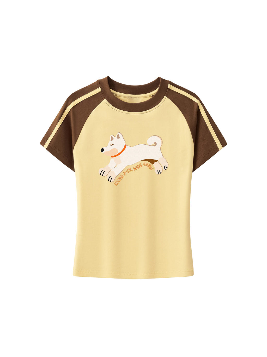 Womens Club Shiba Inu Slim Fit Raglan Stripes Sleeve Cotton T-Shirt - Cream Shiba