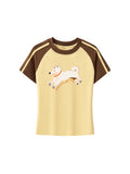 Womens Club Shiba Inu Slim Fit Raglan Stripes Sleeve Cotton T-Shirt - Cream Shiba